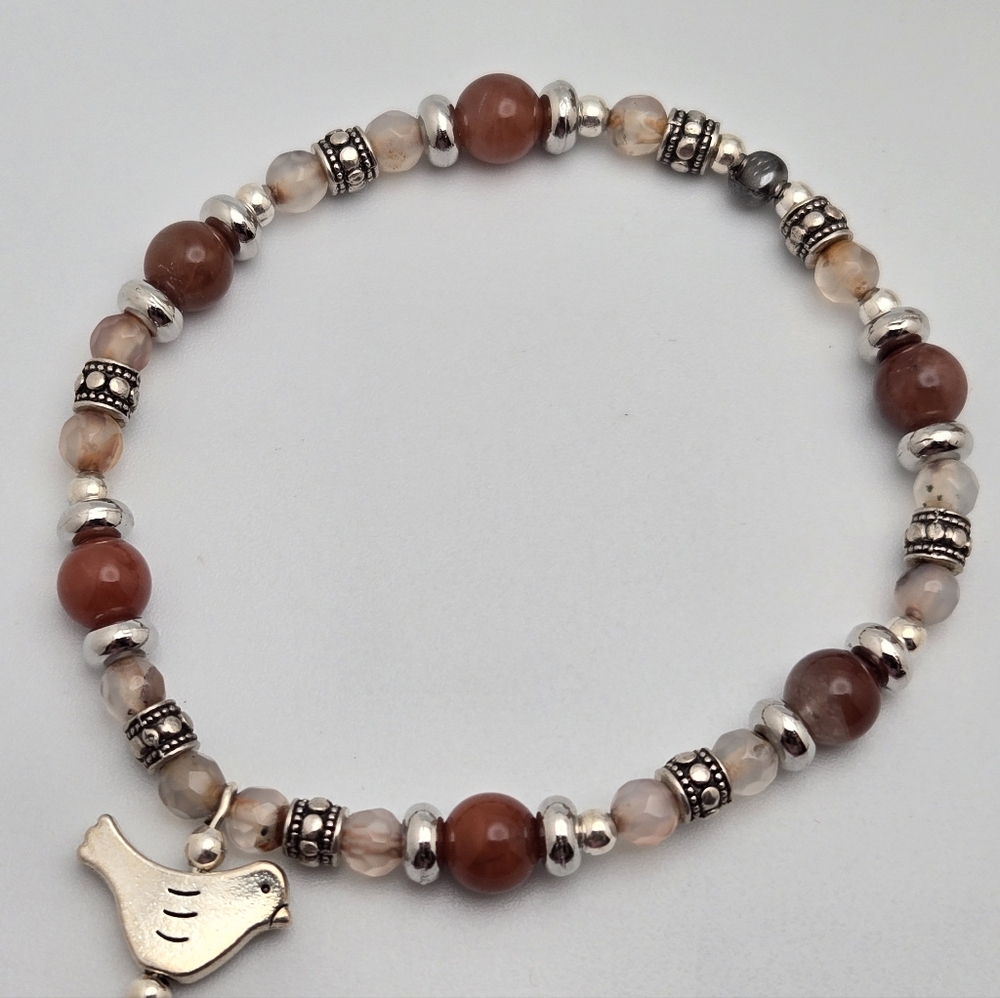 Handmade Red Agate & Clear Quartz Stretch Bracelet with Bird Charm 8”